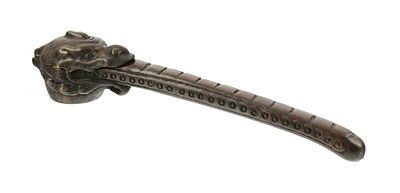 Japanese Bronze Yatate Portable Inkwell and Brush Holder. Measures approx 6-1/2" long. This 