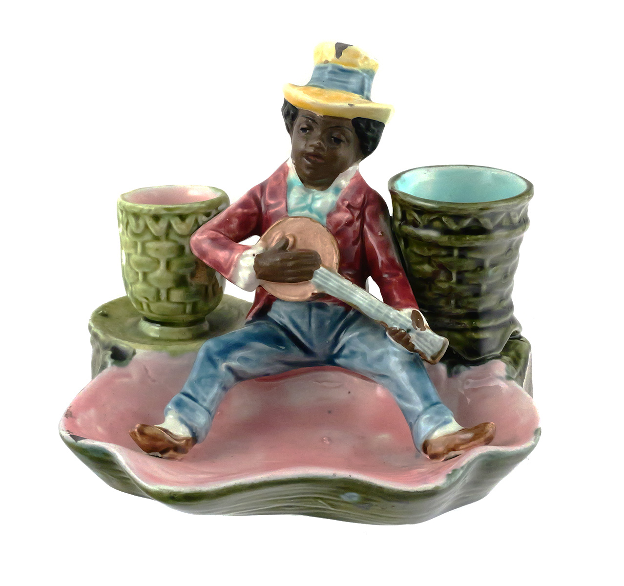 Majolica Blackamoor Banjo Picker Striker & Tray