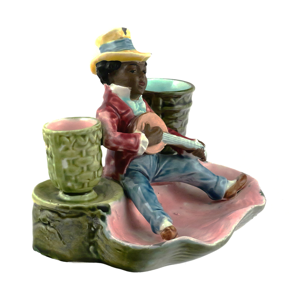 Majolica Blackamoor Banjo Picker Striker & Tray
