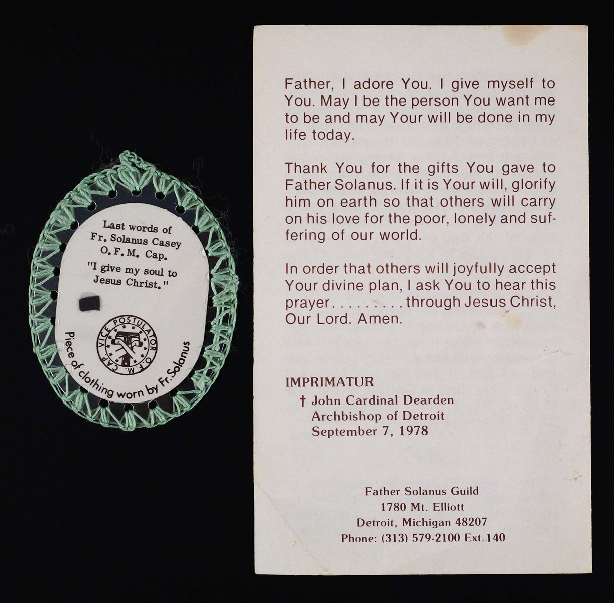 Father Solanus Casey Clothing Relic & Prayer Card
