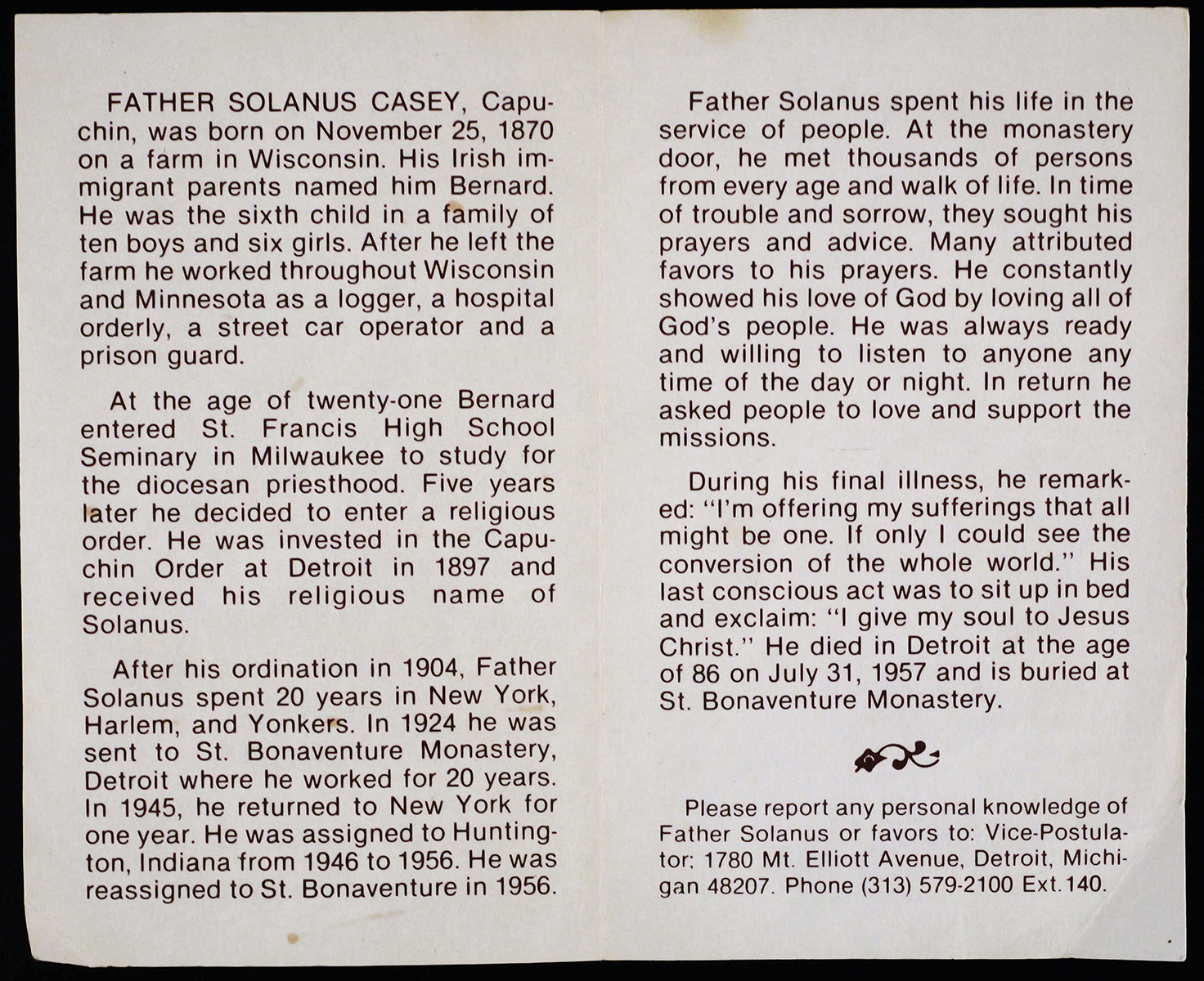 Father Solanus Casey Clothing Relic & Prayer Card