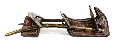 Antique Two Person Leather Brass Camel Saddle. This antique custom made two-person saddle with 