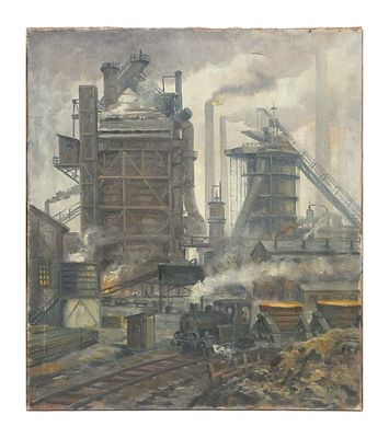 BERTHOLD HUNGER Industrial Plant Ptg. Oil on canvas painting of an industrial scene by German 