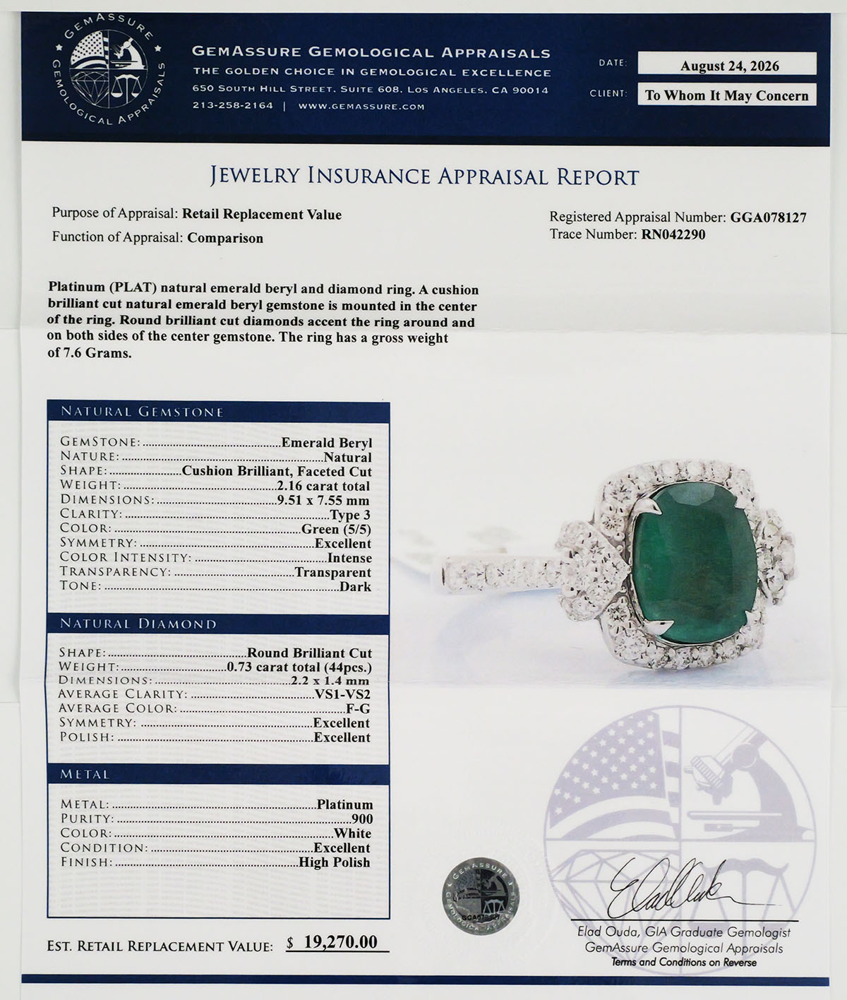 Platinum Emerald and Diamond Ring