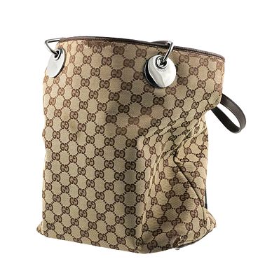 GUCCI GG Canvas Leather Large Eclipse Tote. No. 120836. Measurements are 12" tall x 14" wide x 