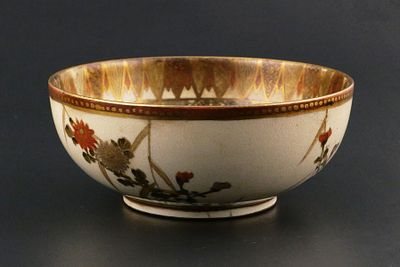 Antique Japanese Satsuma Bowl, Meiji Period with hand painted figural scenes of Geishas or 