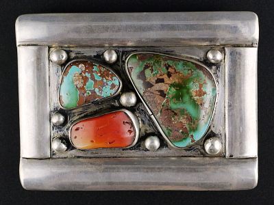 Navajo Silver Turquoise Coral Belt Buckle, Signed. Navajo Silver, Turquoise and Red Coral Belt 