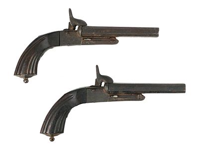 Pair Spanish Double Barrel Percussion Pistols. Pair of antique Spanish-made double barrel 