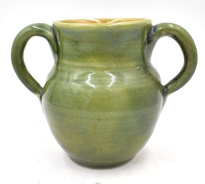 1987 Grady Ledbetter Green Glazed Stoneware Jar. Double handled, 5.75 inches by 7.5 inches 
