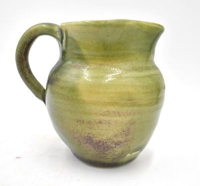 1987 Grady Ledbetter Glazed Stoneware Pitcher. Green and brown, 5.75 inches by 6.5 inches by 5 