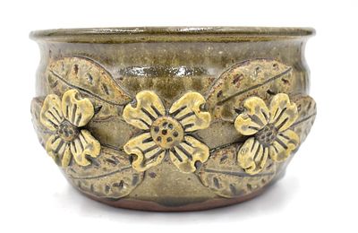Michael and Pauline Crocker Dogwood Stoneware Pot. 3.5 inches by 6.5 inches, signed and dated 