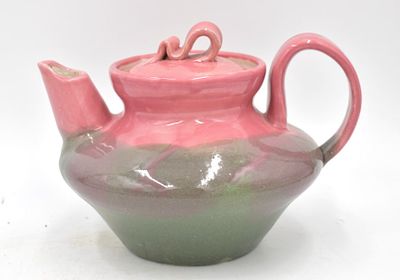 1995 Pisgah Forest American Art Pottery Pitcher. Pink and green, 5.75 inches by 8.25 inches by 