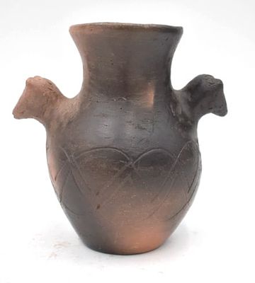 Amanda Swimmers Cherokee Animal Head Handle Vase. 5.125 inches by 5 inches, signed on bottom, no 