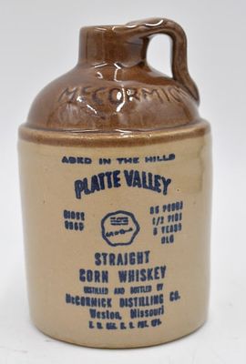 McCormick Platte Valley Straight Corn Whiskey Jug. Stoneware, 1974, 4.75 inches by 3 inches, 1/2 