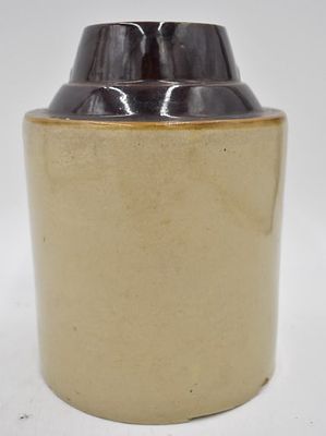 "The Weir" Stoneware Canning Jar. 7.75 inches by 6 inches, unmarked, two-toned, small chip on 