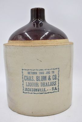 Pre-Pro Chas. Blum & Co. Liquor Stoneware Jug. Jacksonville Florida liquor, two-toned, with blue 