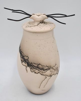 Joe Frank McKee Art Pottery Raku Lidded Vessel. 9.25 inches by 4.75 inches, signed on bottom 