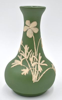 1996 Pisgah Forest Cameo Pottery Vase. Green base with white floral, stamped on bottom, 4.5 