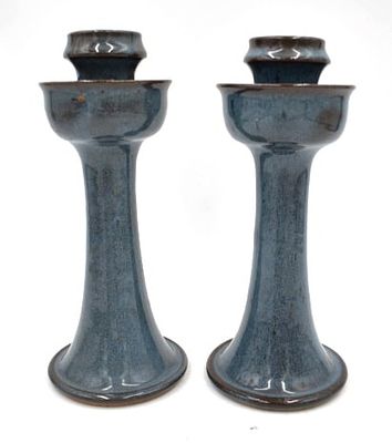 Pair of Vernon Owens Jugtown Ware Candlesticks. 8.125 inches, Chinese blue, dated 1986, stamped 