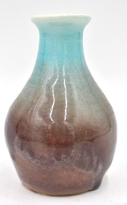 Pisgah Forest Pottery Stoneware Vase. Turquoise and plum crackle glaze, 5 inches by 3.25 inches 