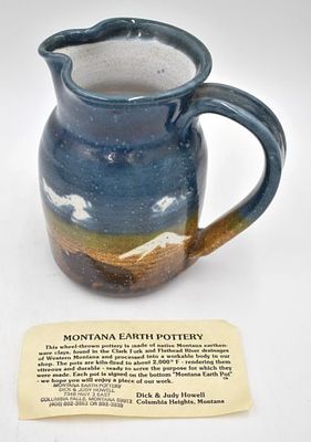 Montana Earth Pottery Dick & Judy Howell Pitcher. Numbered 1/90, 1 quart, 6.5 inches by 6.25 
