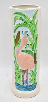 Ceramic Hand-painted Flamingo Vase. 14 inches by 5 inches, unmarked, no damage, see photos