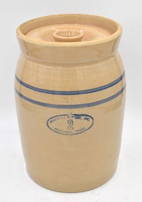 Marshall Pottery 2 Gallon Stoneware Crock. 11.5 inches by 8 inches, tan glaze, double blue 