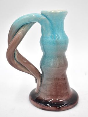 Pisgah Forest Pottery Candlestick Holder. 5 inches by 3.5 inches, twisted handle, turquoise and 