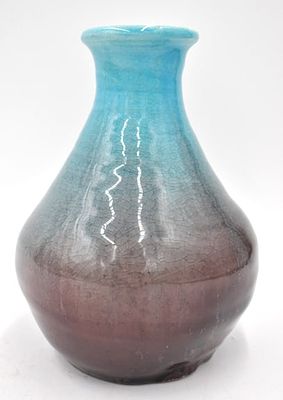 1987 Pisgah Forest Pottery Stoneware Vase. 7 inches by 5 inches, turquoise and plum crackle 