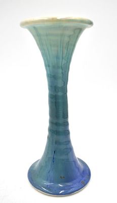 William Mark Hewitt Stoneware Pottery Vase. 8.5 inches by 3.75 inches, blue to green alkaline 