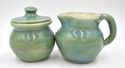 1996 Pisgah Forest Pottery Sugar and Creamer Set. Sugar with lid 3.75 inches by 3 inches 