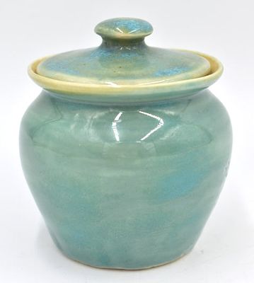Pisgah Forest Stoneware Pottery Lidded Jar. 4 inches by 3.5 inches, stamped on bottom, no damage 