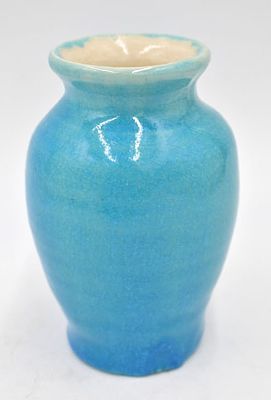 Pisgah Forest Pottery Stoneware Vase. 4.75 inches by 3 inches, aqua blue crackle glaze, stamped 