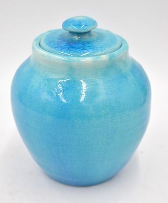Pisgah Forest Stoneware Pottery Lidded Jar. 5.5 inches by 4.5 inches, aqua blue crackle glaze 