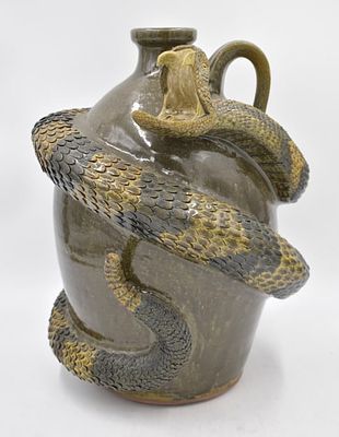 Michael & Melvin Crocker Stoneware Rattlesnake Jug. 1995, open mouthed, 13.5 inches by 9.75 