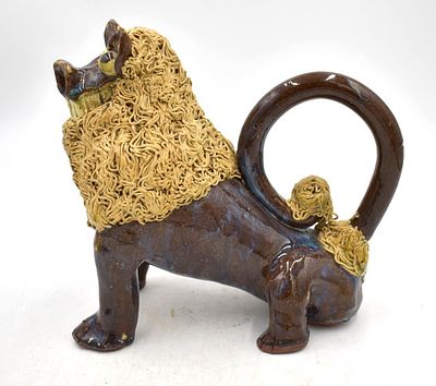 Steve Turpin Folk Art Pottery Lion Sculpture. 8.5 inches by 9.5 inches, signed and dated 