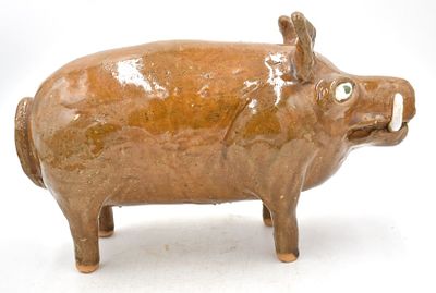 Rare Reggie Meaders Last Pig Folk Art Pottery Boar. 7.5 inches by 12 inches, signed Reggie 