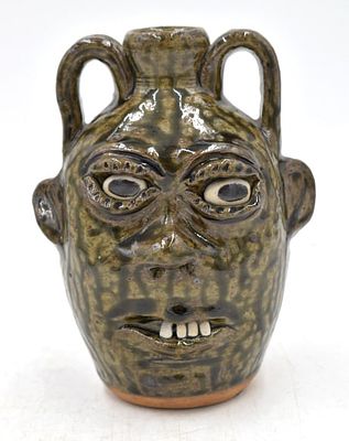 Cleater & Billie Meaders Folk Art Pottery Face Jug. 6.25 inches by 4.75 inches, signed on the 