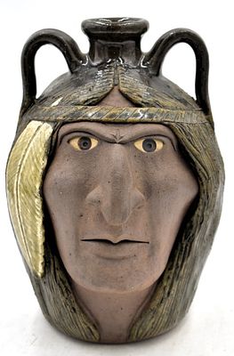 Michael & Melvin Crocker Native Folk Two-Faced Jug. 10 inches tall by 7.5 wide, traditional 