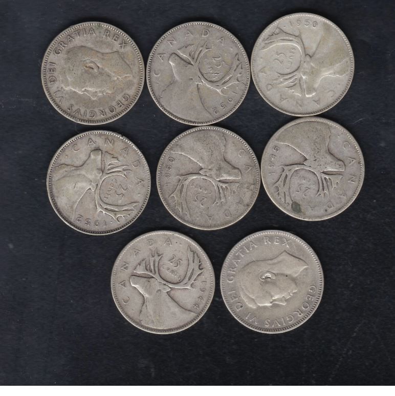 8 CANADA SILVER COIN, 25 CENT , DIFFERENT YEARS 45g