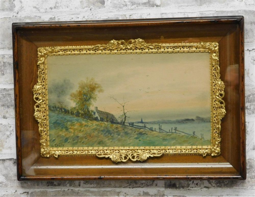 Lot 237: Watercolor of Landscape with Sailboat