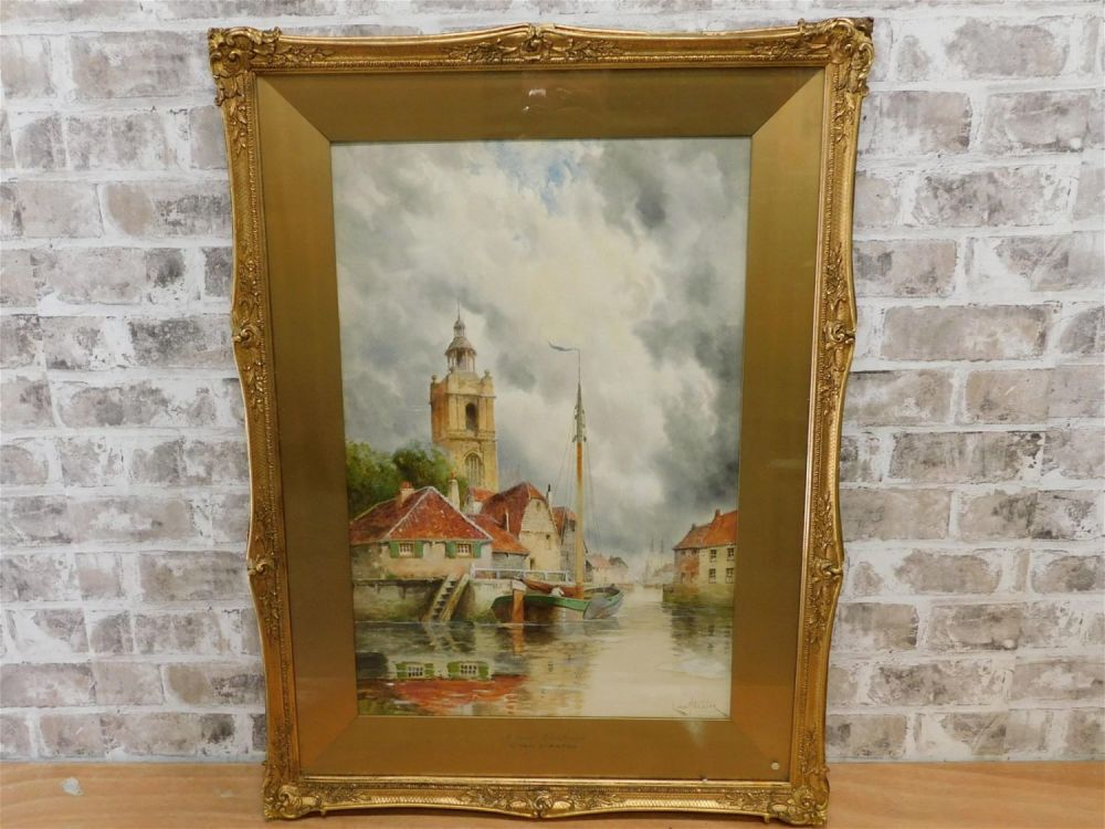 Lot 273: Watercolor by L. Van Staaten - Ships in Harbor