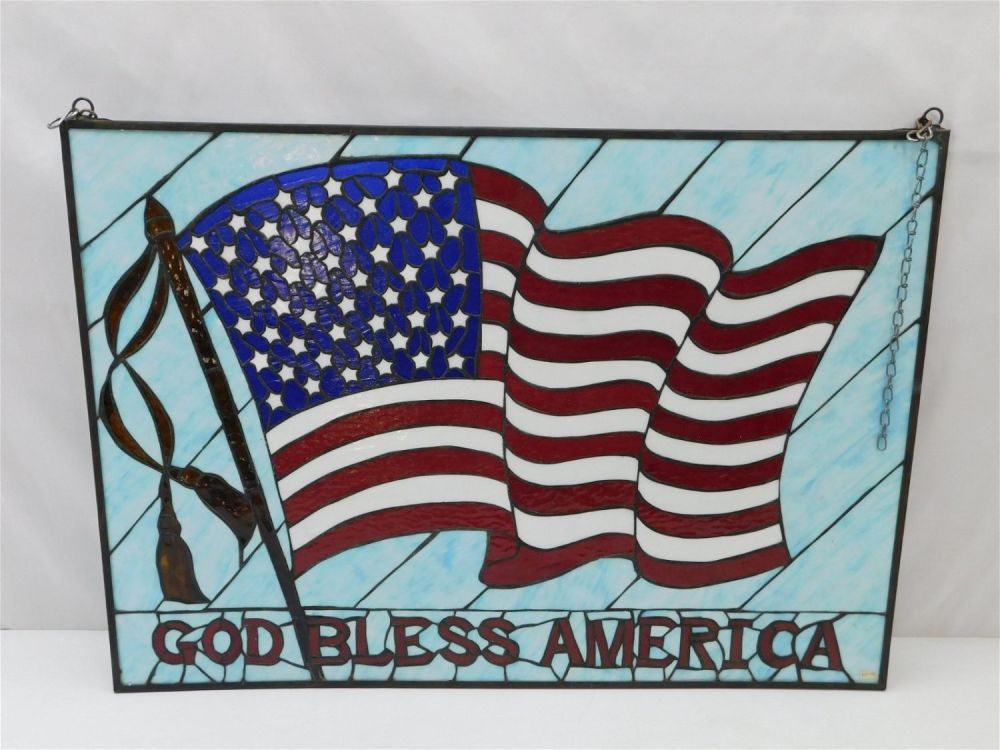 Lot 201: God Bless America Hanging Stained Glass Window
