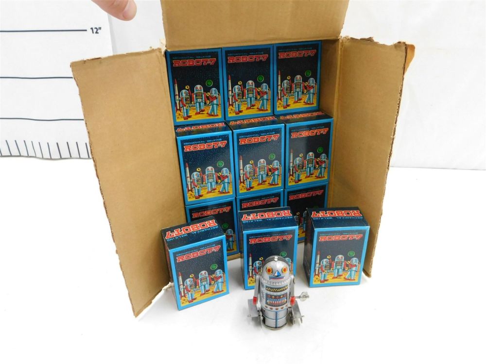 Lot 248: Full Case of 36 Mechanical Walking Robot-7 Tin Toys