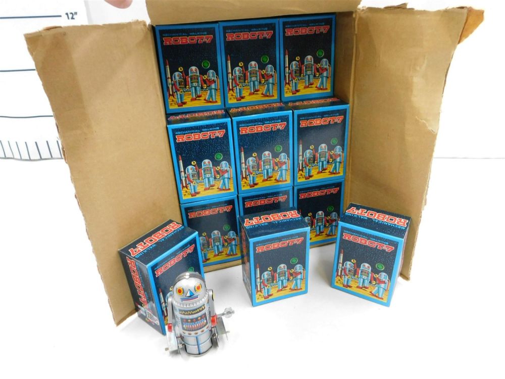Lot 249: Full Case of 36 Mechanical Walking Robot-7 Tin Toys