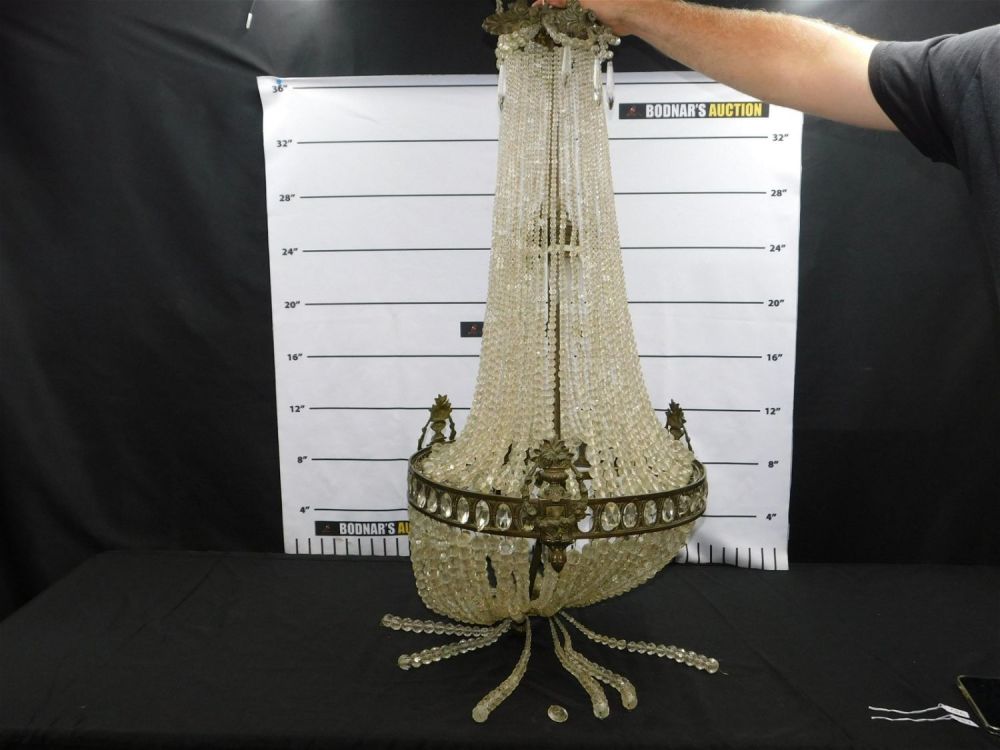 Lot 156: French Bronze Hanging Chandelier with Crystal Beads