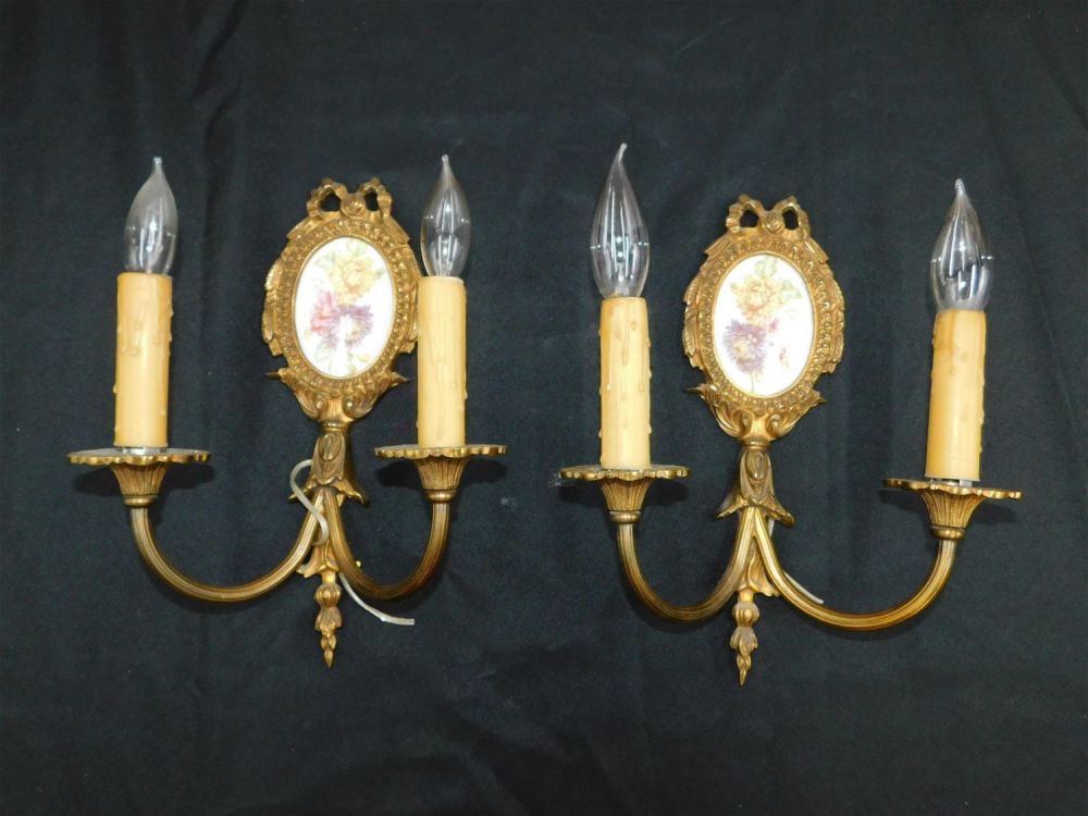Lot 158: Pair of French Style Porcelain Plaque Candelabra Wall Sconces