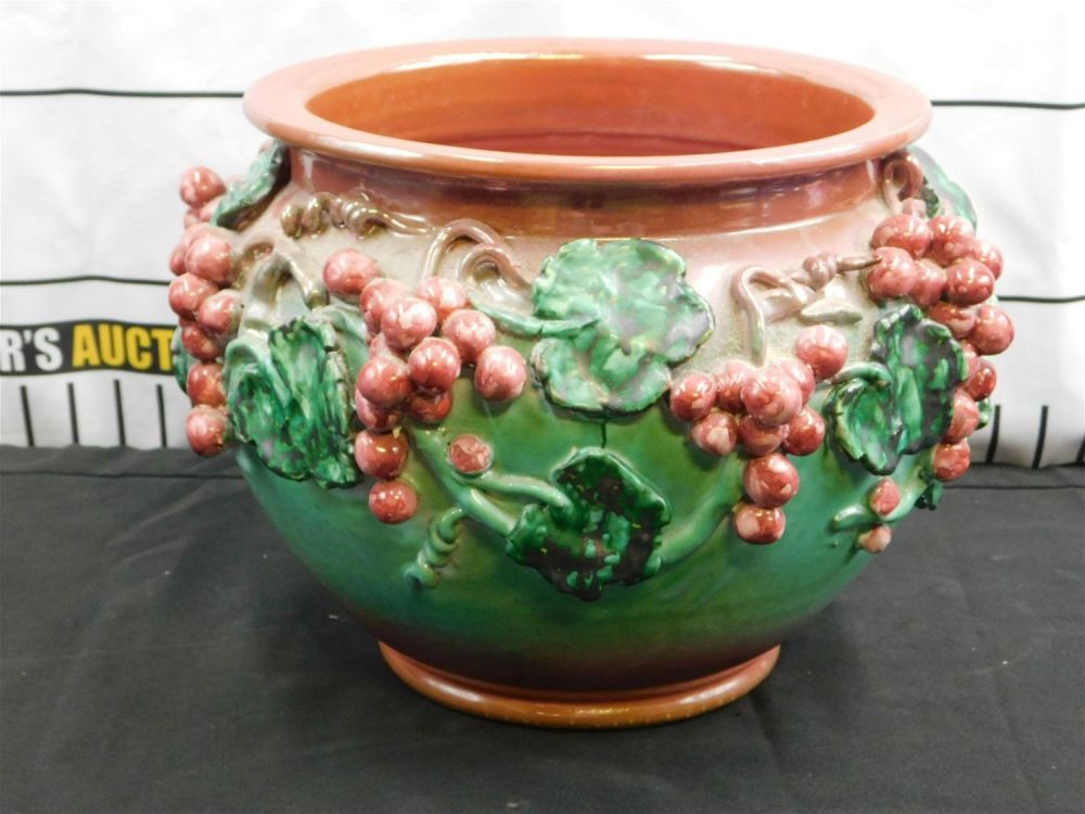 Lot 161: Majolica JardiniÃ¨re with Grapes and Leaf Design in Relief