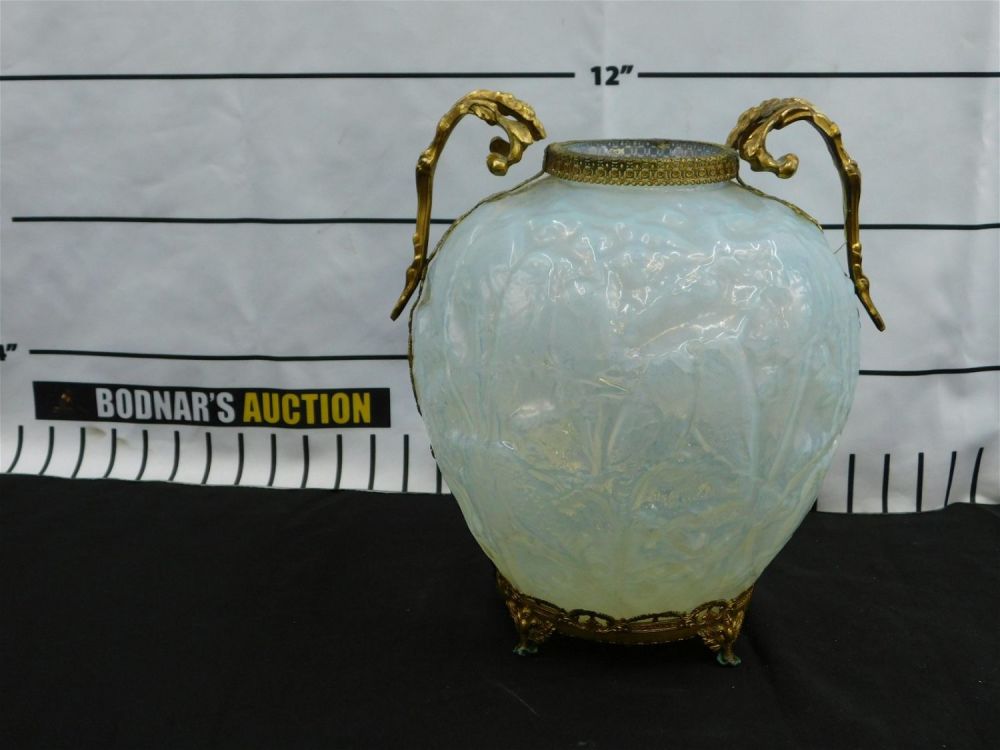 Lot 165: Phoenix Glass Tall Vase with Loving Bird Design with Mixed Metal Mount