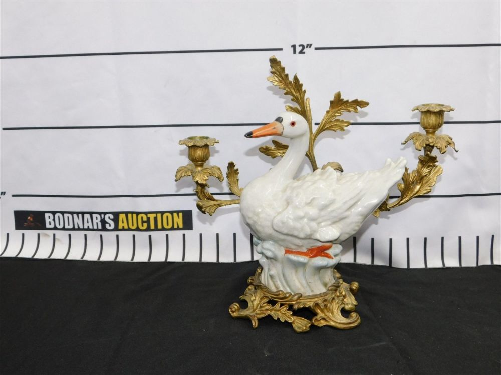 Lot 166: Bronze and Porcelain Swan Candelabra